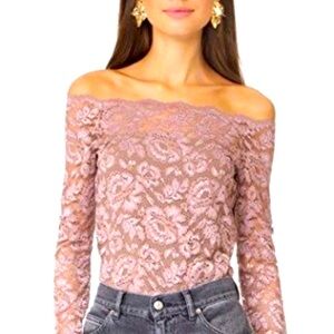 L’agence Heidi off-the-shoulder scallop lace top light brown & mauve Size Large